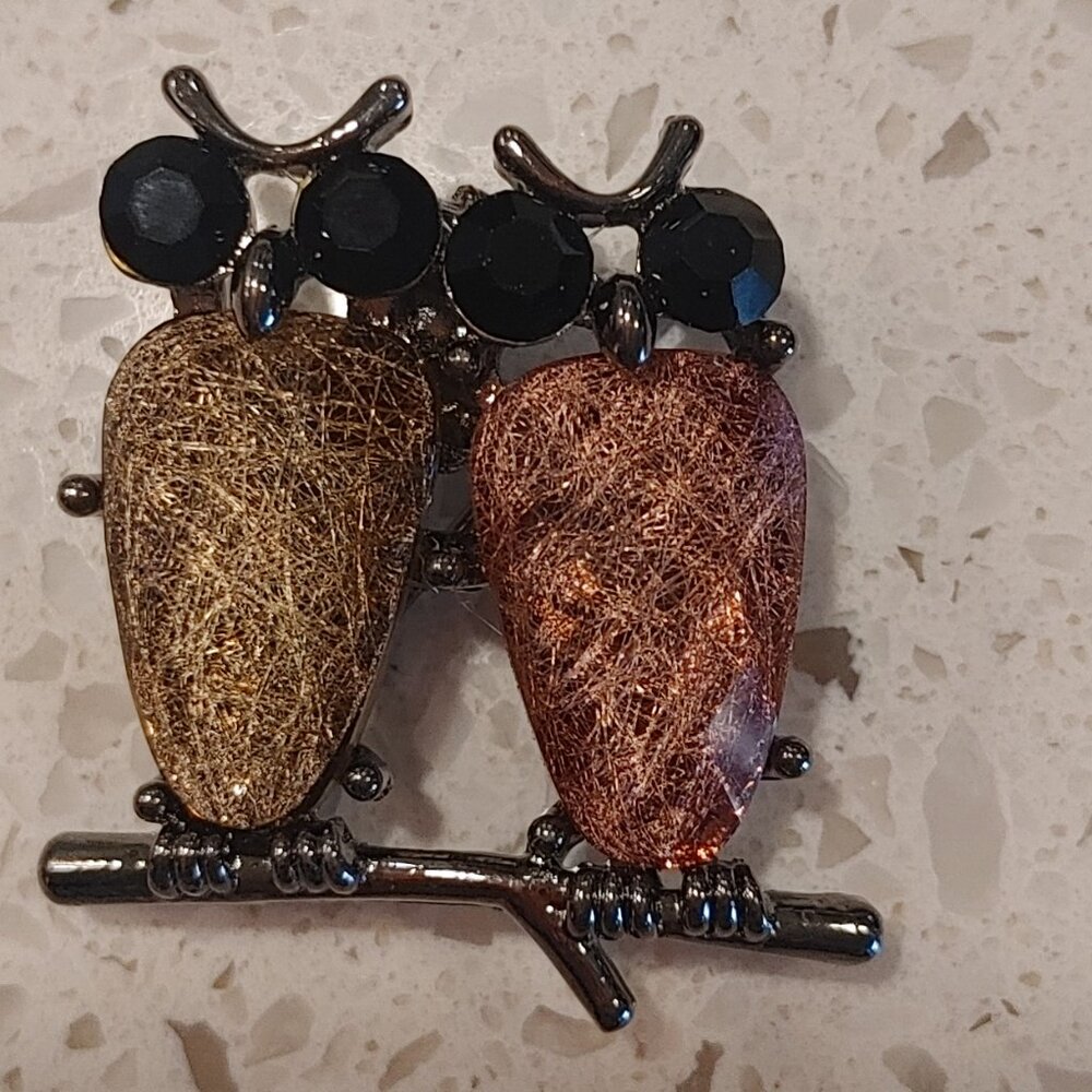Rare - Owls Brooch with Black Faceted Eyes & Angel Hair Rutilated Quartz Bodies